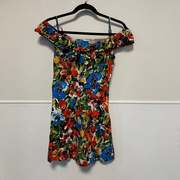 Women's Lush Floral Print Off-Shoulder Dress Size Small vacation bold tie front - Picture 1 of 12